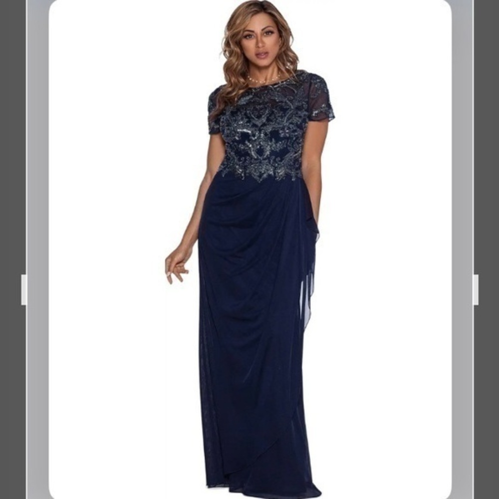 XSCAPE Beaded Top Sheer Side Ruffle Matte Jersey Skirt Gown in Navy/Gunmetal